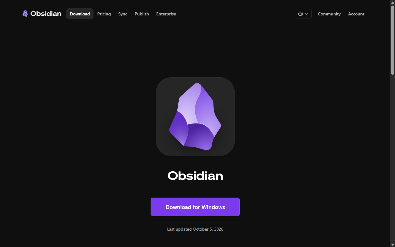 Pagina di download di Obsidian