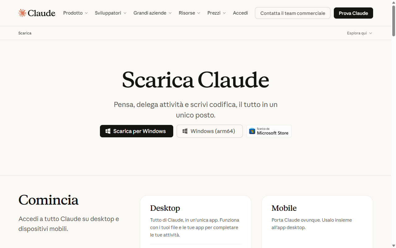 Pagina di download di Claude